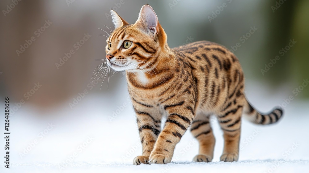 Bengal cat walking on snow-covered ground in winter. Generative AI Bengal cat walking on snow-covered ground in winter. Generative AI