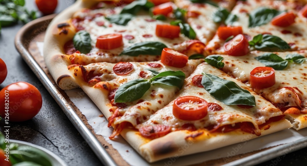 Freshly baked pizza with sliced cherry tomatoes and basil leaves on a baking tray with ingredients surrounding it Copy Space Freshly baked pizza with sliced cherry tomatoes and basil leaves on a baking tray with ingredients surrounding it Copy Space