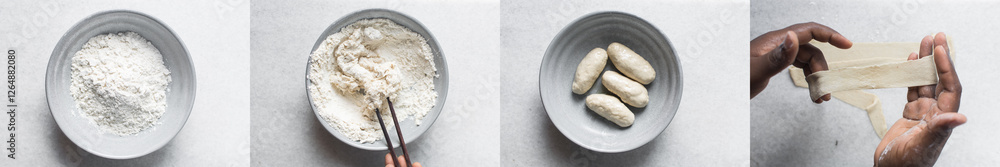 Obraz premium overhead view of the process of making belt noodles, pictorial illustrating how to make biang biang noodles