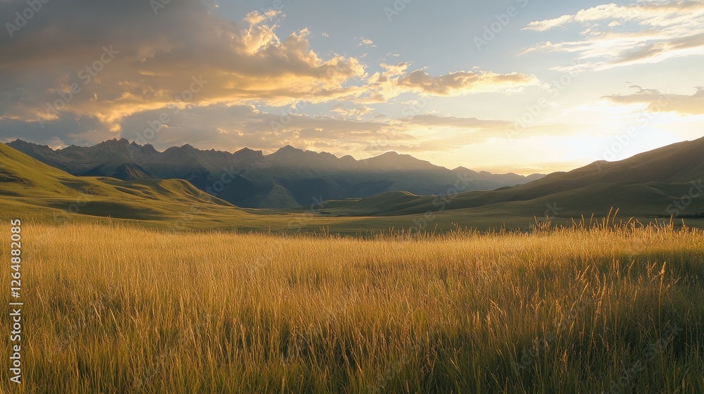 Fototapeta premium highland grassland panoramic view, sun setting behind mountain ridges, billowing clouds with golden highlights, emerald meadows, undulating hills, pristine mountain wilderness, soft evening light,