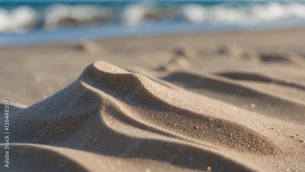 Obraz premium Sand dune texture with gentle curves on beach foreground and ocean waves in blurred background Copy Space
