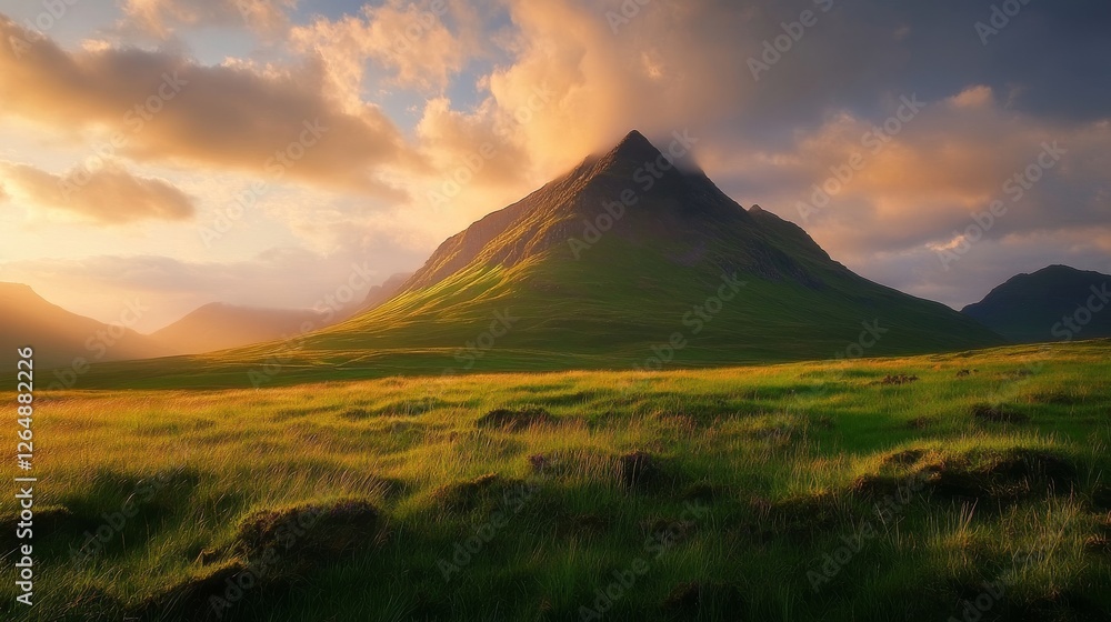 Fototapeta premium expansive mountain panorama, vibrant green highland meadows, epic sunset sky, dramatic cloud formations, elevated grassland vista, golden sunlight rays, remote mountain wilderness, summer evening