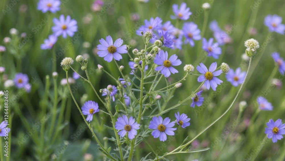 Purple wildflowers in a green grassy field with soft focus and natural sunlight Copy Space Purple wildflowers in a green grassy field with soft focus and natural sunlight Copy Space
