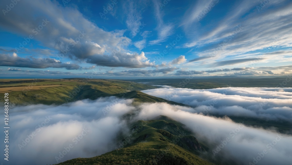 Obraz premium Dramatic aerial view of rolling green hills covered in clouds under a blue sky with fluffy white clouds and soft sunlight Copy Space