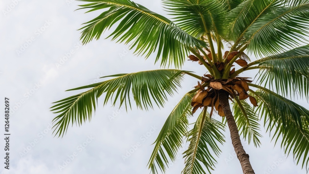 Coconut palm tree with green leaves and brown coconuts against a cloudy sky natural background with copy space Coconut palm tree with green leaves and brown coconuts against a cloudy sky natural background with copy space