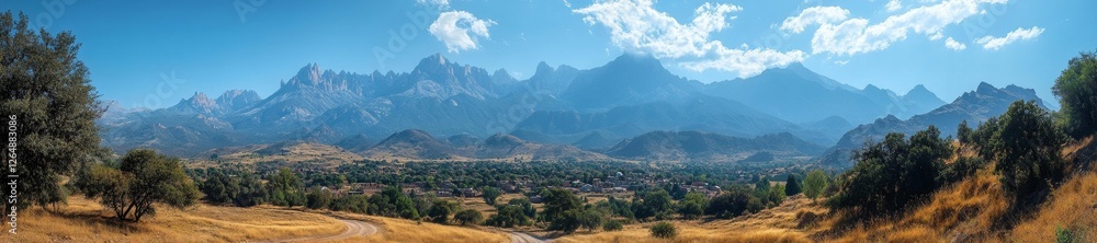 Fototapeta premium Panoramic View of Mountain Range with Village in the Foreground. Generative AI