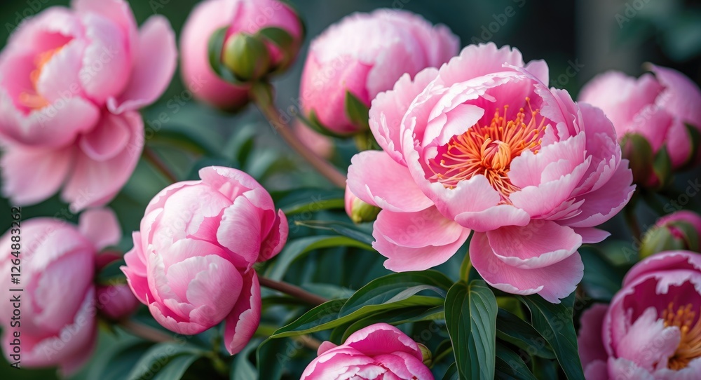 Pink peony flowers in full bloom with lush green foliage and blurred background for natural beauty and floral theme Copy Space Pink peony flowers in full bloom with lush green foliage and blurred background for natural beauty and floral theme Copy Space
