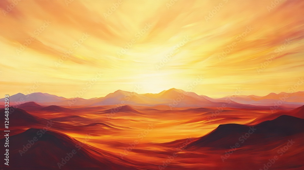 Naklejka premium sun-drenched desert hills, radiant evening sky, golden hour sand dunes, atmospheric desert glow, peaceful arid landscape, dramatic light rays, warm desert colors, dreamy horizon, serene wilderness,
