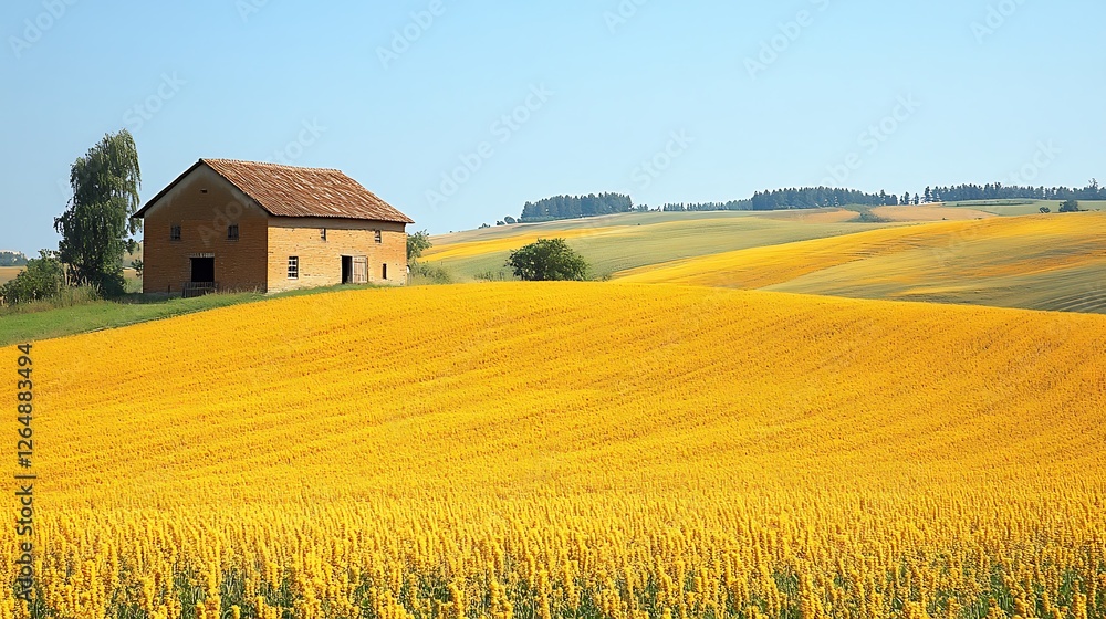 A serene countryside scene featuring a rustic house amidst vibrant yellow fields under a clear sky A serene countryside scene featuring a rustic house amidst vibrant yellow fields under a clear sky