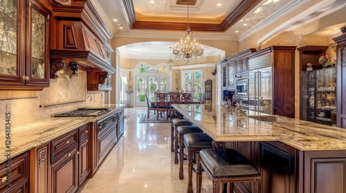 A luxurious kitchen with marble countertops, a large island with bar stools, and high-end appliances. A chandelier hangs above the dining area, and a spacious pantry is seen in the background photo