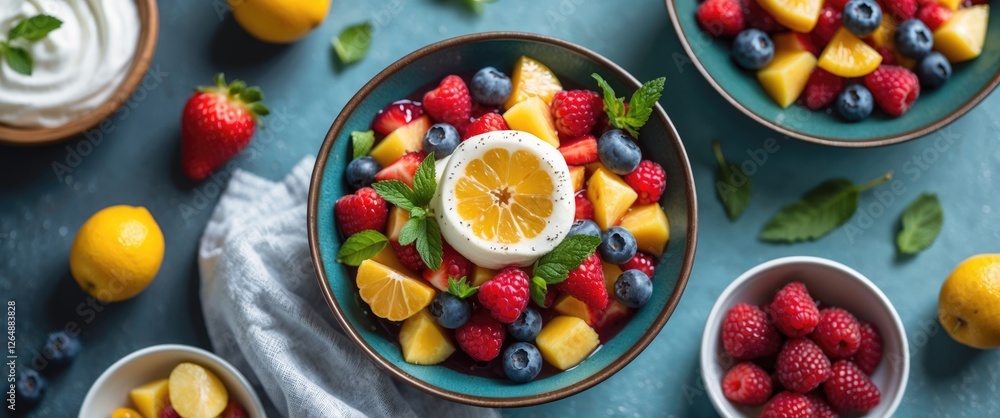 Fresh fruit salad in bowls featuring strawberries, blueberries, raspberries, pineapple, and lemon slices with mint leaves on blue background Copy Space Fresh fruit salad in bowls featuring strawberries, blueberries, raspberries, pineapple, and lemon slices with mint leaves on blue background Copy Space