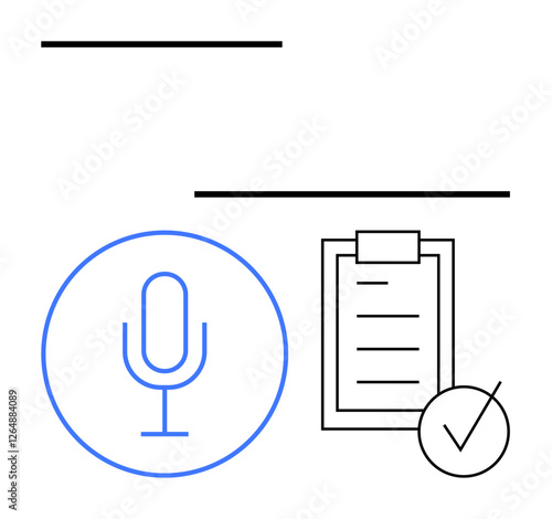 Blue microphone icon and clipboard checklist with tick mark. Minimalist style. Ideal for podcasts, voice recording, task management, content creation, workflow, productivity, abstract line flat