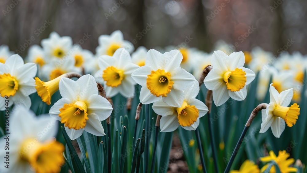 Blooming Daffodils in Spring Garden with Yellow Petals and Green Stems Natural Setting Copy Space Blooming Daffodils in Spring Garden with Yellow Petals and Green Stems Natural Setting Copy Space