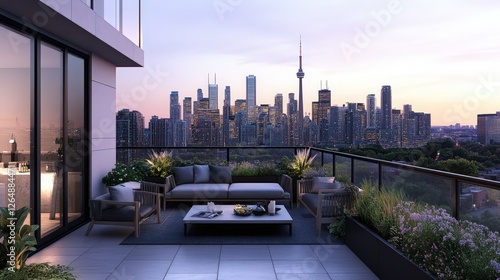 Wallpaper Mural apartment with a private balcony, offering views of the city skyline and a spacious outdoor living area. Torontodigital.ca