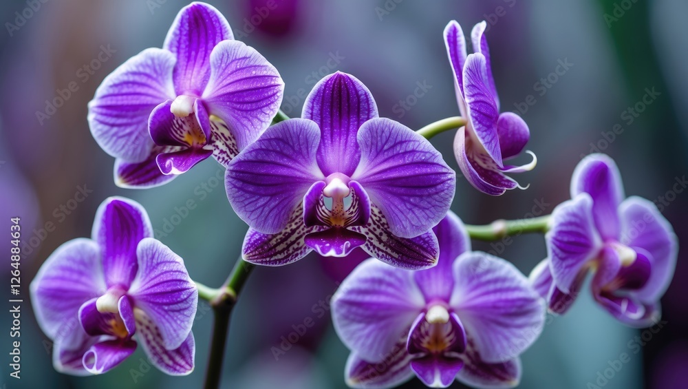 Fototapeta premium Purple orchids in bloom with intricate petal details against a blurred green background Copy Space