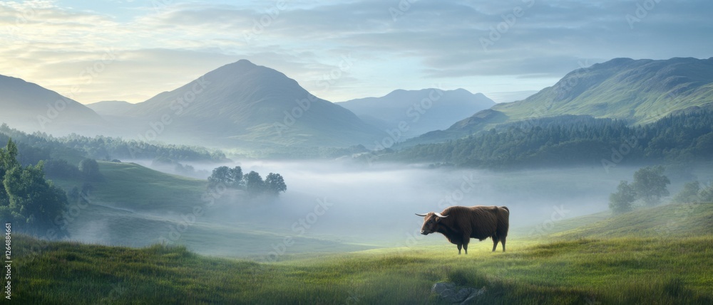 Majestic Highland Cow in Misty Scottish Landscape at Dawn Majestic Highland Cow in Misty Scottish Landscape at Dawn