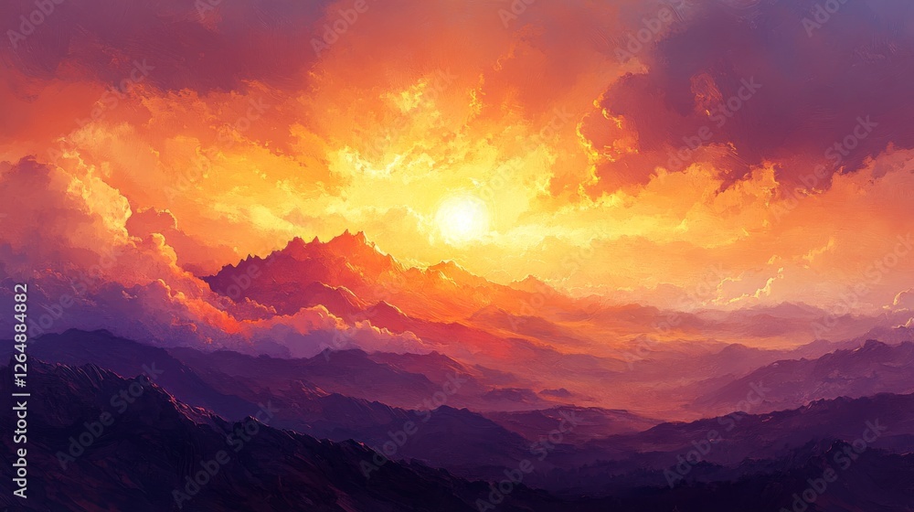 Fototapeta premium Vibrant orange and purple sky, golden sun setting behind mountains, soft gradient clouds, dramatic atmospheric lighting, sun rays piercing through clouds, golden hour landscape, painterly style,