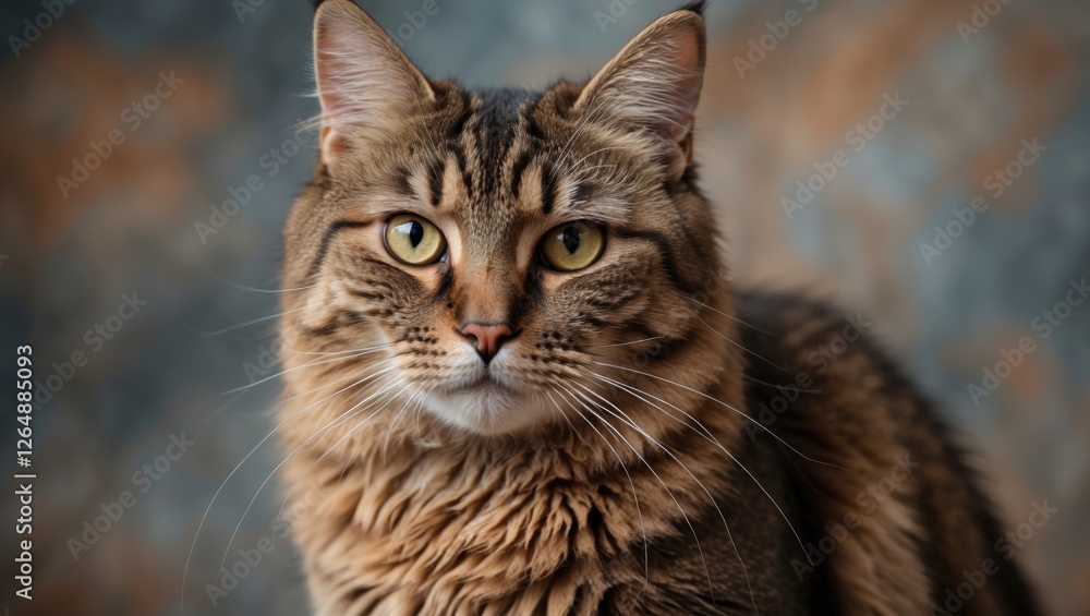 Detailed portrait of a domestic longhaired cat with striking yellow eyes and fur pattern against a blurred background. Copy Space Detailed portrait of a domestic longhaired cat with striking yellow eyes and fur pattern against a blurred background. Copy Space
