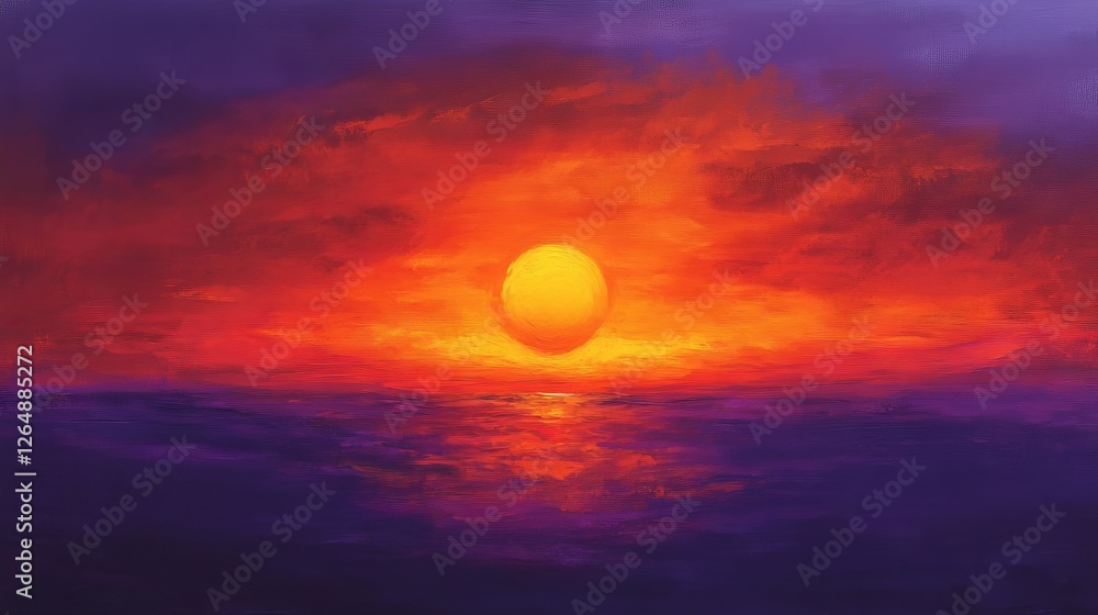 Spectacular twilight scene, burning orange sun disk, scattered clouds with purple undertones, vivid sky gradients, atmospheric light diffusion, artistic sunset composition, oil painting style,