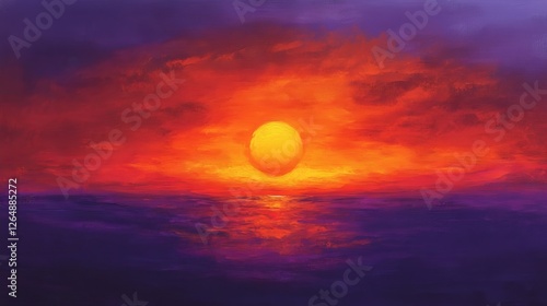 Spectacular twilight scene, burning orange sun disk, scattered clouds with purple undertones, vivid sky gradients, atmospheric light diffusion, artistic sunset composition, oil painting style, photo