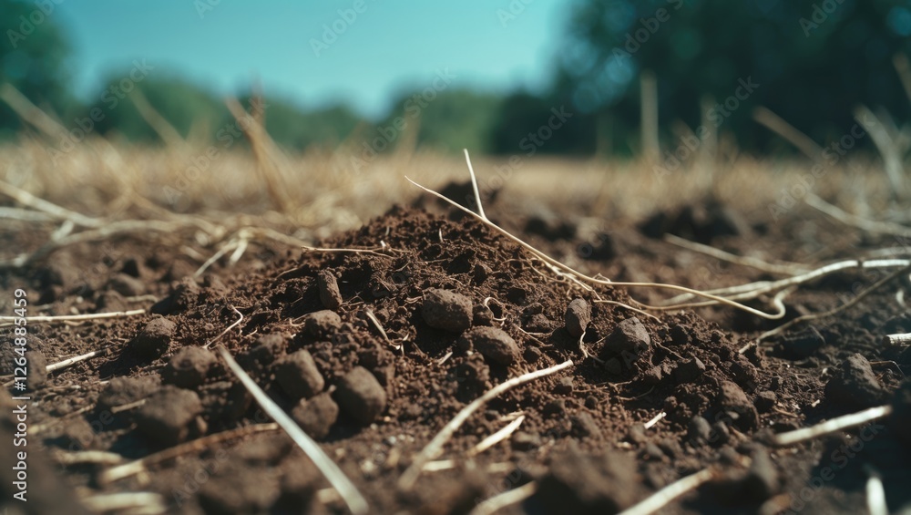 Close-up of dry brown soil with small clumps and straw on a sunny day in a barren field Copy Space Close-up of dry brown soil with small clumps and straw on a sunny day in a barren field Copy Space