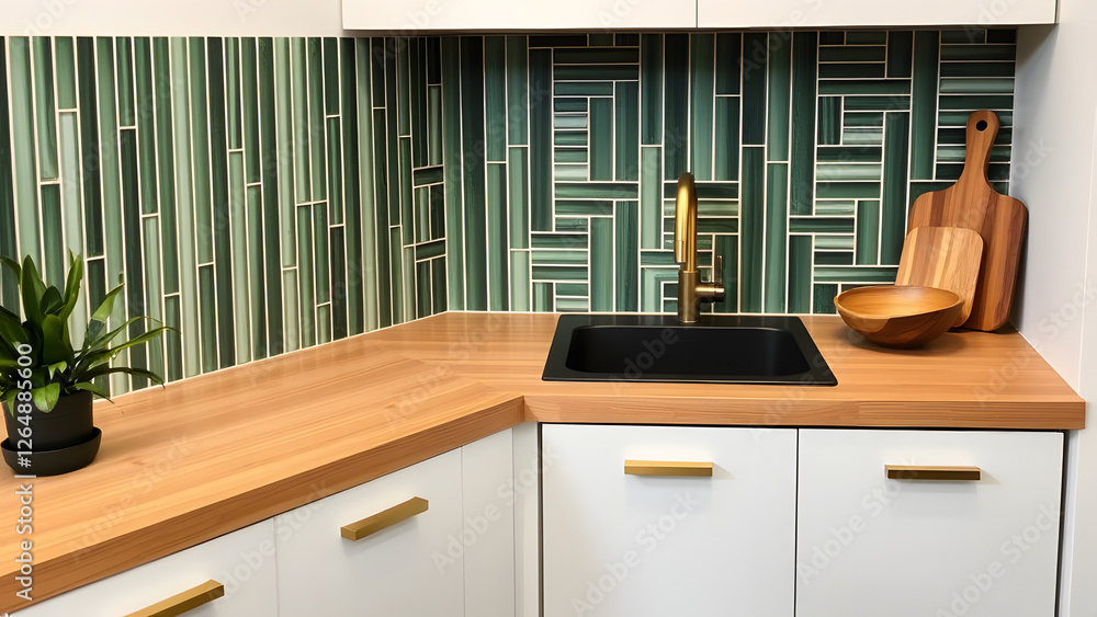 Fototapeta premium Modern office and kitchen interiors feature sleek furniture, laptops, and contemporary design