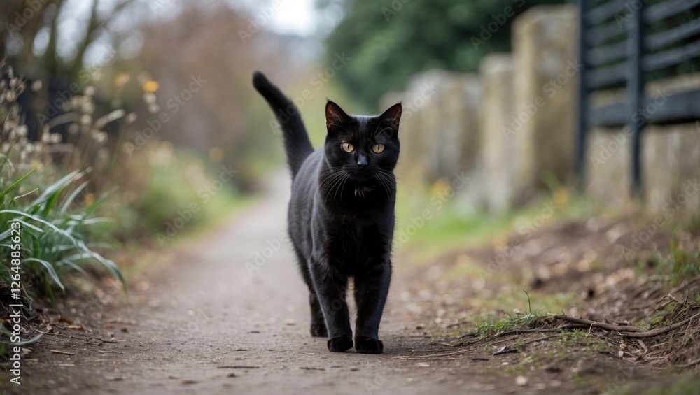 Black cat walking along a dirt path in a natural outdoor setting with blurred background and Copy Space for text placement. Black cat walking along a dirt path in a natural outdoor setting with blurred background and Copy Space for text placement.