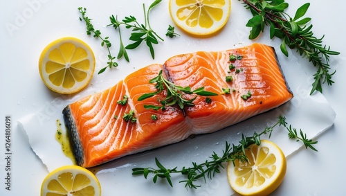 Fresh salmon fillet garnished with herbs and lemon slices on white background with copy space for text. photo