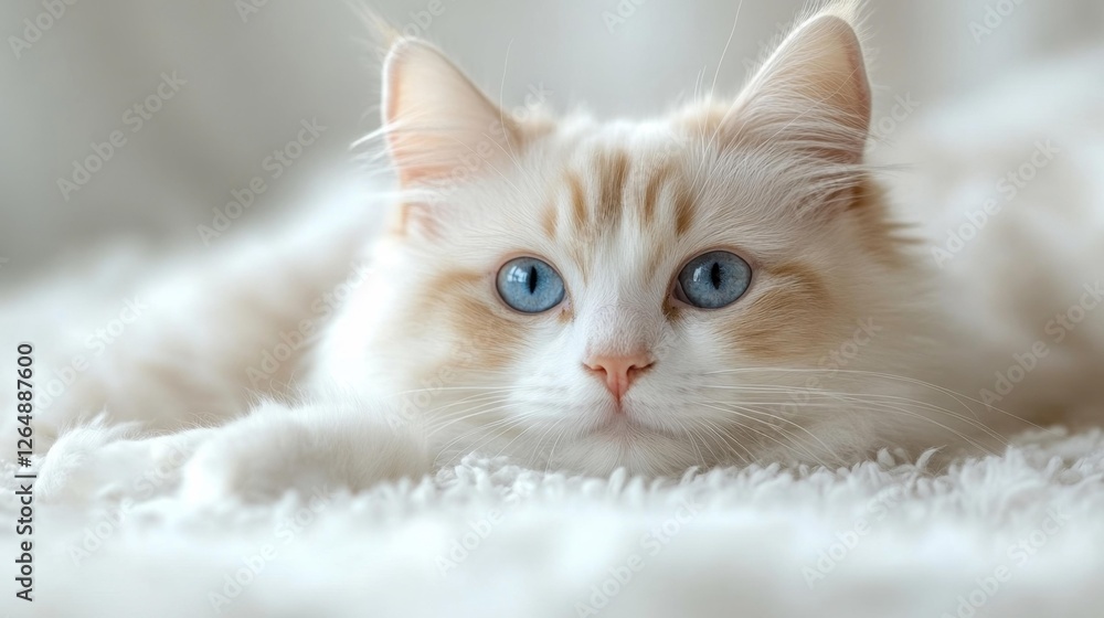 Close-up of Cute Blue-Eyed Cat Lying on Soft White Surface. Generative AI Close-up of Cute Blue-Eyed Cat Lying on Soft White Surface. Generative AI