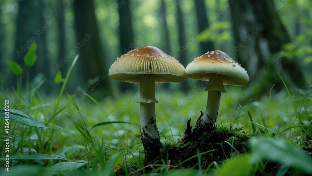 Mushrooms growing in a lush green forest with soft focus on trees in the background and available copy space for text Mushrooms growing in a lush green forest with soft focus on trees in the background and available copy space for text