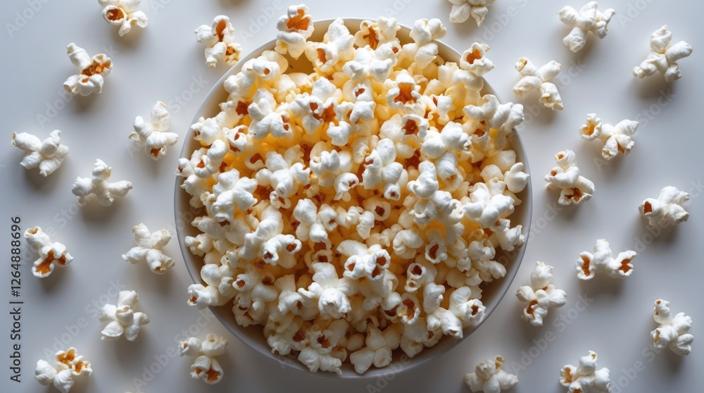 Bowl of freshly popped popcorn surrounded by scattered popcorn kernels on a white surface Copy Space Bowl of freshly popped popcorn surrounded by scattered popcorn kernels on a white surface Copy Space