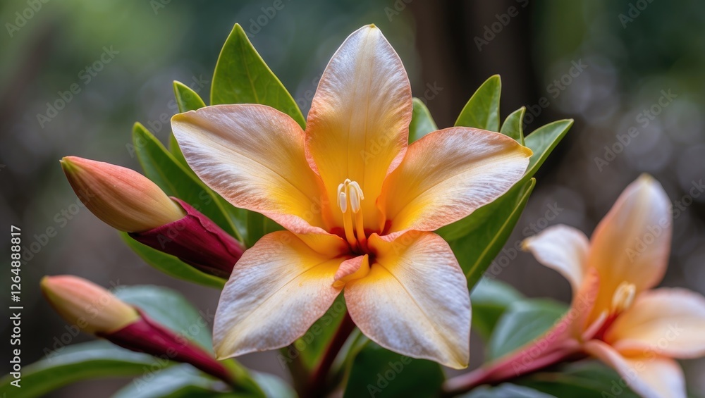 Beautiful orange and white flowering plant with green leaves and buds in soft focus background Copy Space Beautiful orange and white flowering plant with green leaves and buds in soft focus background Copy Space