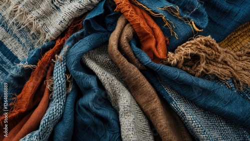 Textured fabric samples in various colors including blue, orange, and brown arranged artistically with copy space for text. photo