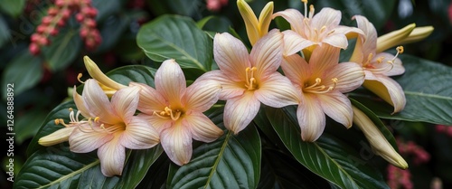 Tropical flowering plants with pink and yellow blooms surrounded by green foliage on a blurred background Copy Space photo