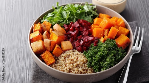Vibrant and Nutritious Buddha Bowl featuring a Colorful Combination of Quinoa Roasted Sweet Potato Roasted Beets