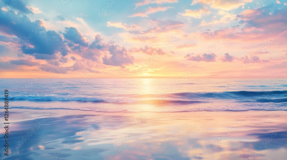 Naklejka premium Abstract seascape blur, gentle sunset colors, smooth ocean reflection, pastel cloud formations, serene horizon blend, tranquil water surface, impressionist style