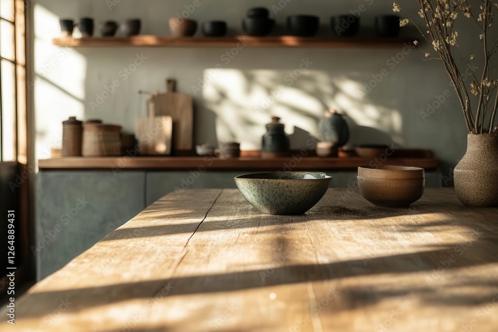 Obraz premium rustic wooden table surface in soft focus kitchen interior, warm ambient lighting, minimalist composition with depth