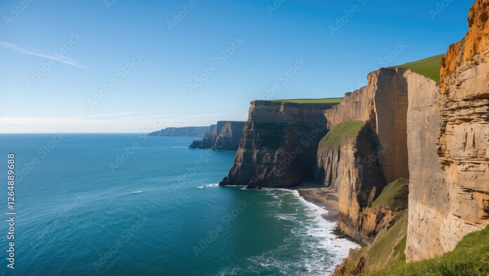 Coastal cliffs along the shoreline with clear blue water and bright sky in a scenic landscape with Copy Space for text.