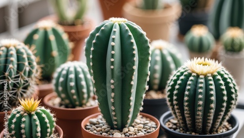 Various types of cacti in pots with decorative stones arranged in an indoor setting surrounded by greenery Copy Space