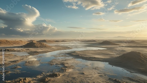 Desert landscape with water pools and cloud formations under a blue sky during golden hour natural scenery Copy Space