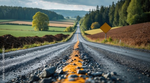 Landscape view of a rural road with yellow markings surrounded by fields and trees under a cloudy sky Copy Space photo