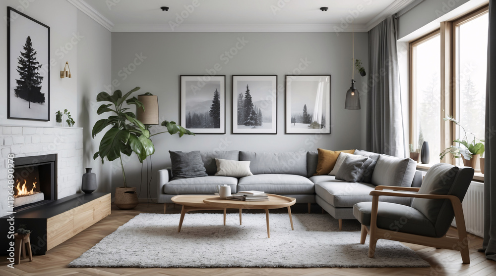 Fototapeta premium Inviting Scandinavian inspired living room with neutral gray couch and minimalist design to create a warm and cozy atmosphere Modern Interior Design Inspiration