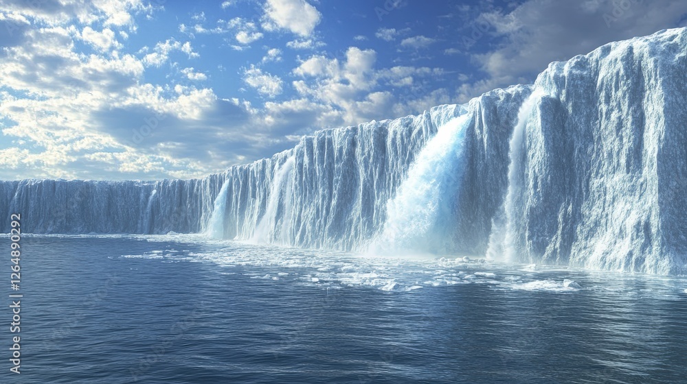 Arctic, with water flowing rapidly into the sea, representing the alarming effects of climate change. Arctic, with water flowing rapidly into the sea, representing the alarming effects of climate change.
