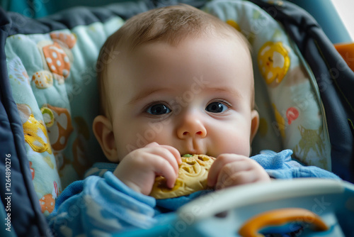 Generative AI image of a cute baby eating food in a highchair with a messy and funny expression photo