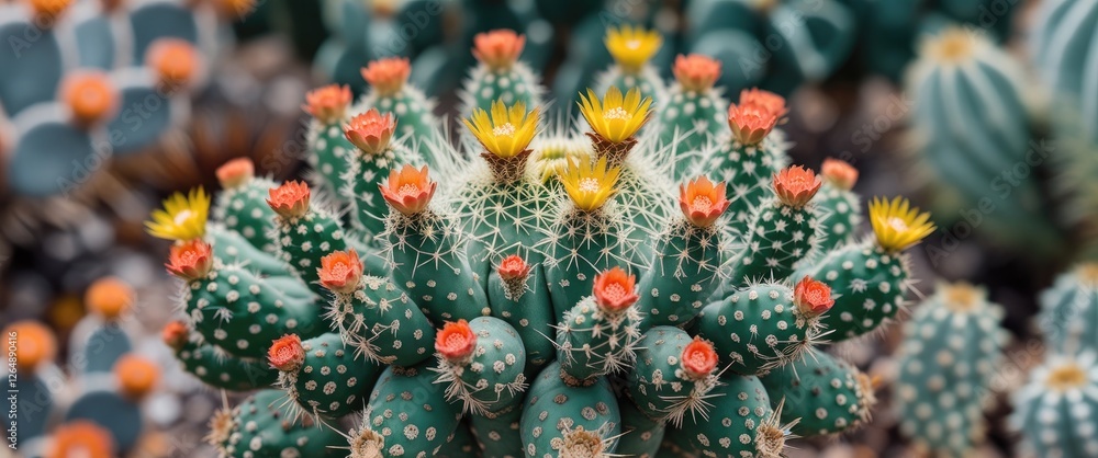 Blooming cactus with colorful flowers in a vibrant desert environment showcasing green spines and bright floral accents with Copy Space Blooming cactus with colorful flowers in a vibrant desert environment showcasing green spines and bright floral accents with Copy Space