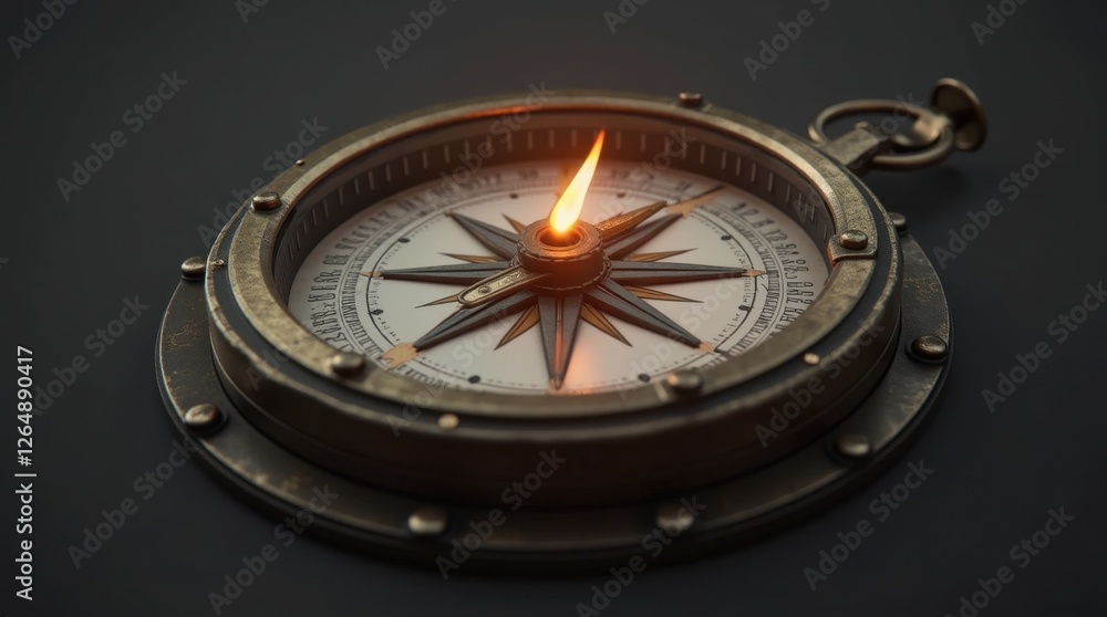 3D Rendered Compass with Glowing Needle and Metallic Casing 3D Rendered Compass with Glowing Needle and Metallic Casing