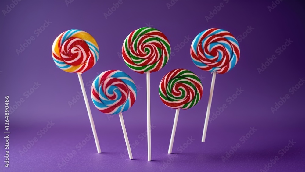 Colorful spiral lollipops on white sticks arranged creatively against a purple background with Copy Space. Colorful spiral lollipops on white sticks arranged creatively against a purple background with Copy Space.