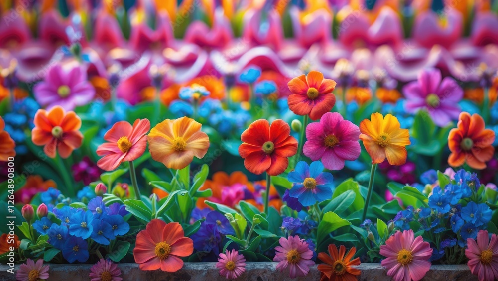 Colorful array of vibrant spring flowers in bloom with various species and hues creating a lively floral background Copy Space Colorful array of vibrant spring flowers in bloom with various species and hues creating a lively floral background Copy Space