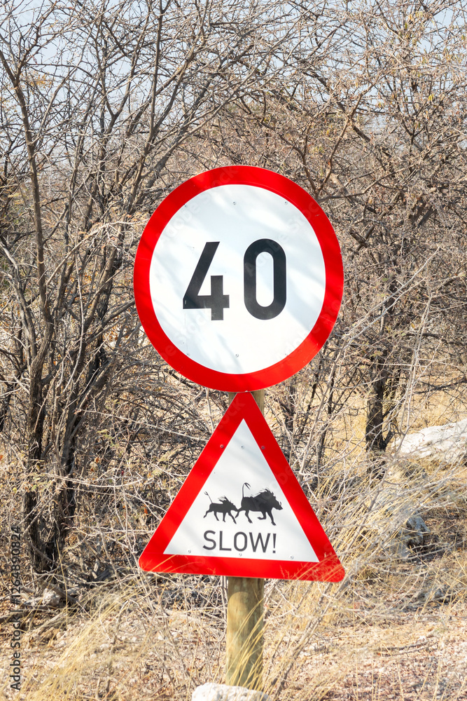 Warthogs slow, wildlife road sign in Namibia, Africa