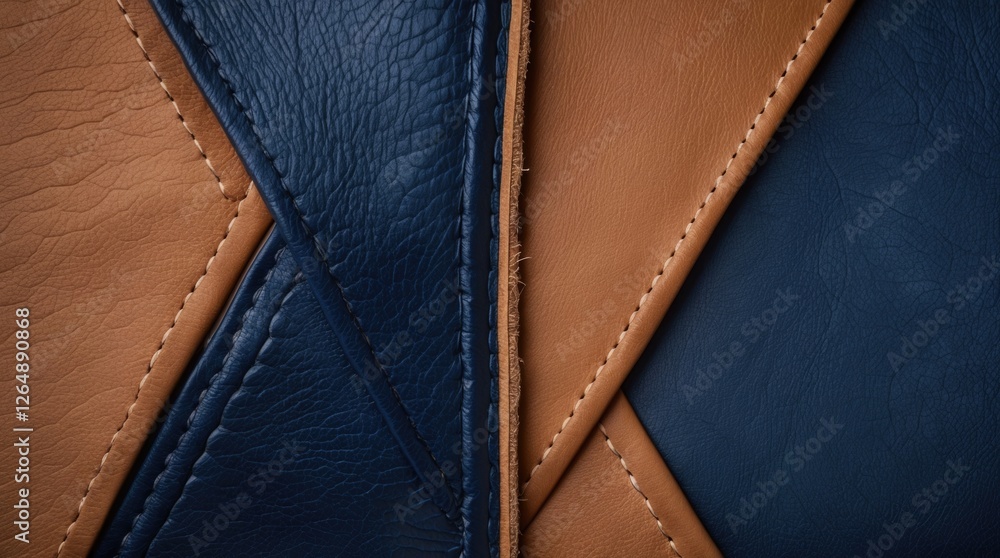 Textured patterns of brown and blue leather with stitched seams and geometric design elements suitable for various applications Copy Space Textured patterns of brown and blue leather with stitched seams and geometric design elements suitable for various applications Copy Space